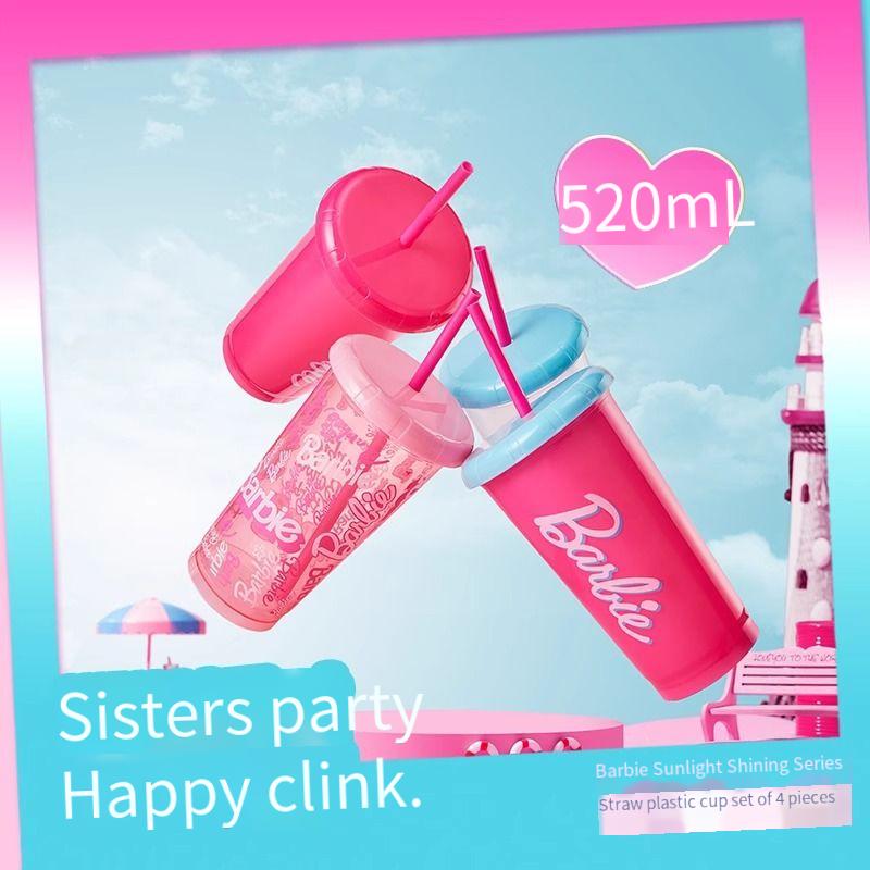 Barbie Sunburst Series Straw Plastic Cup 4-piece Set 520mL water cup Straw Cup
