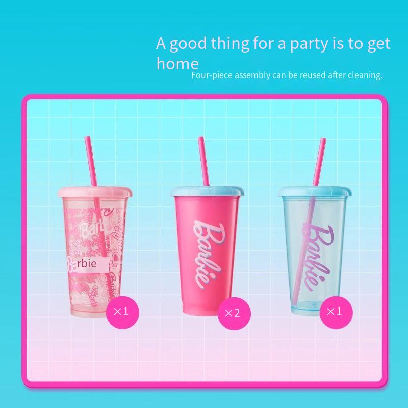 Barbie Sunburst Series Straw Plastic Cup 4-piece Set 520mL water cup Straw Cup