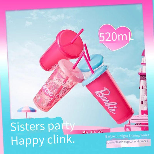 Barbie Sunburst Series Straw Plastic Cup 4-piece Set 520mL water cup Straw Cup