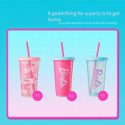 Barbie Sunburst Series Straw Plastic Cup 4-piece Set 520mL water cup Straw Cup